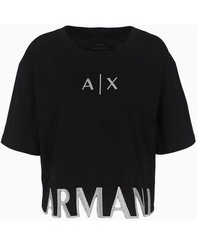 Armani Exchange Cropped Jersey T-shirt With Maxi Logo On The Profile - Black