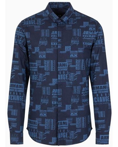 Armani Exchange Camicia Slim Fit In Popeline Stretch - Blu