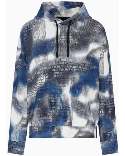 Armani Exchange Hooded Sweatshirt In Stretch Camou Fabric - Blue