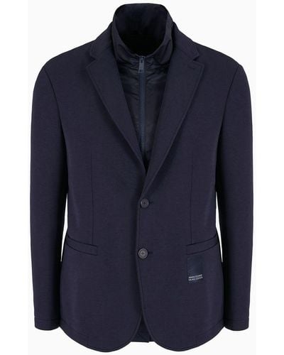 Armani Exchange Single-breasted Jacket In Technical Fabric With Bib - Blue