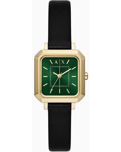Armani Exchange Three-hand Black Leather Watch - Green