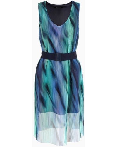Armani Exchange Midi Dress In Pleated Fabric - Blue