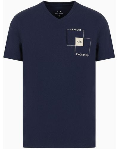 Armani Exchange Slim Fit Stretch Cotton T-shirt With Logo On The Chest - Blue
