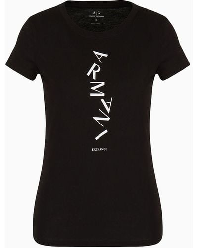 Armani Exchange T-shirt In Jersey Di Cotone Con Stampa Logo Verticale - Nero