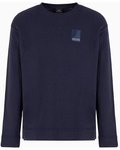 Armani Exchange Asv Organic Cotton Crew-neck Sweater With Patch - Blue