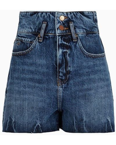 Armani Exchange High-waisted Shorts In Used-effect Denim - Blue
