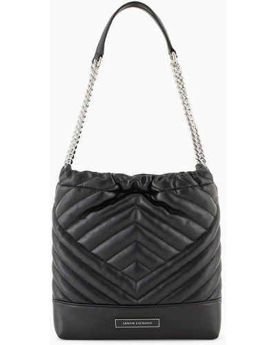 Armani Exchange Bucket Bag In Quilted Material With Metal Details - Black