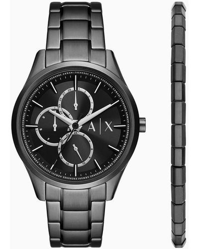 Armani Exchange Multifunction Black Stainless Steel Watch And Bracelet Set