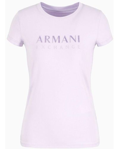 Armani Exchange T-shirt Slim Fit In Cotone Organico Stretch Asv Con Logo Glitterato - Rosa