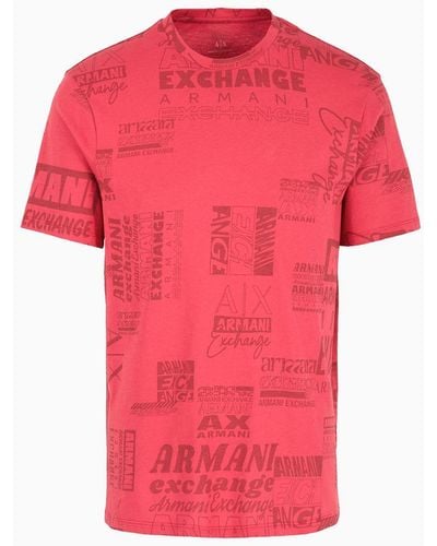 Armani Exchange T-shirt Regular Fit In Cotone Organico Asv Con Stampa Lettering Allover - Rosa