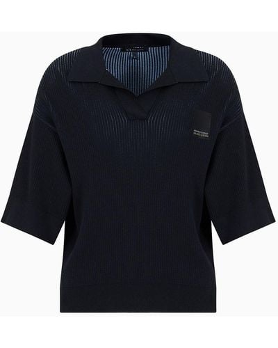 Armani Exchange Knitted Polo Shirt With V-neck And Logo - Blue