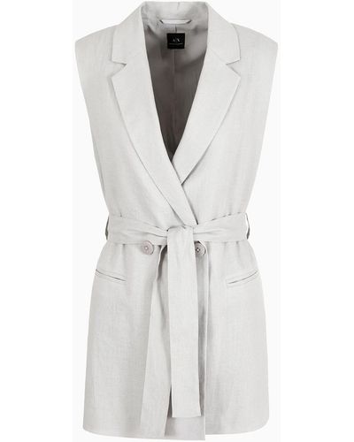 Armani Exchange Double-breasted Waistcoat In Linen And Cotton Canvas - Grey