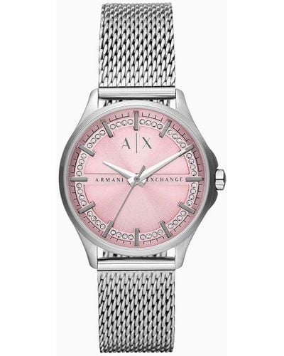 Armani Exchange Uhr Mit Drei Zeigern Und Schwarzem Edelstahlmesh-armband - Pink