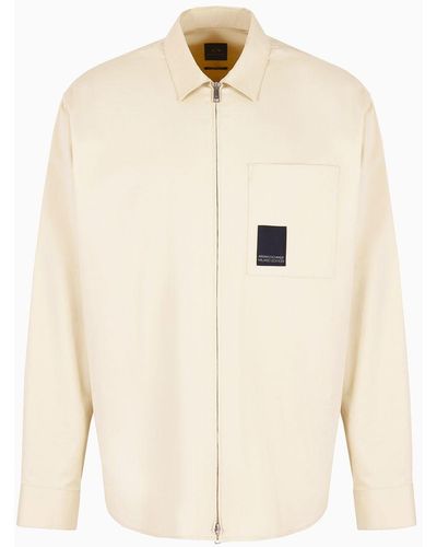 Armani Exchange Loose Fit Shirt In Stretch Cotton With Logo Patch - Natural