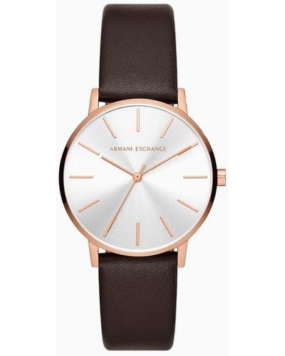 Armani Exchange Three-hand Brown Leather Watch - White