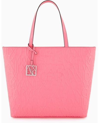 Armani Exchange Shopper With Zip And All-over Embossed Logo Lettering - Pink