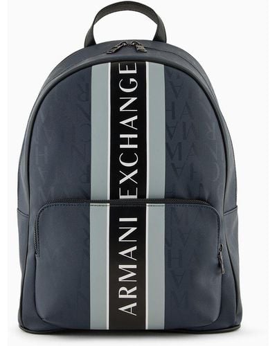 Armani Exchange Backpack With All-over Lettering And Logoed Two-tone Band - Blue