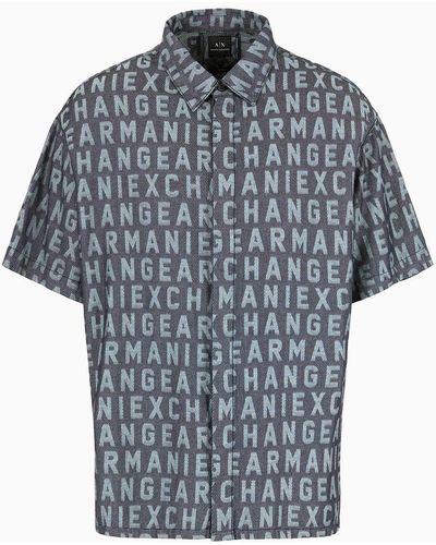 Armani Exchange A | X Armani Exchange Short Sleeve All-over Logo Denim Button Down Shirt. Regular Fit - Grey