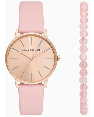 Armani Exchange Three-hand Pink Leather Watch And Bracelet Set - Blanco