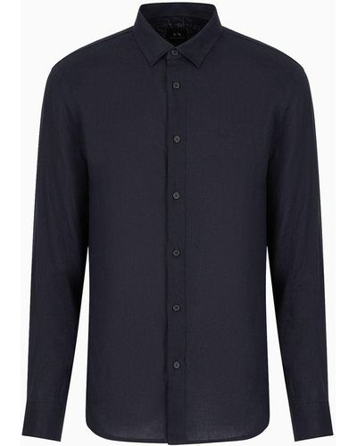 Armani Exchange Camicia Regular Fit In Puro Lino - Blu
