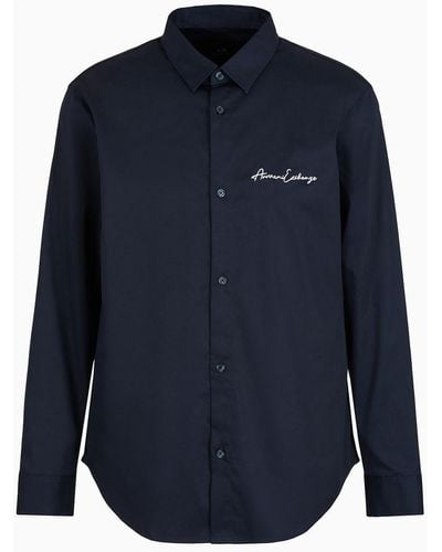 Armani Exchange Camicia Regular Fit In Cotone Satinato Stretch - Blu