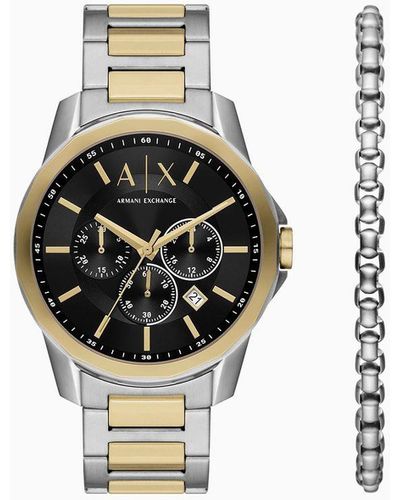 Armani Exchange Chronograph Two-tone Stainless Steel Watch And Bracelet Set - White