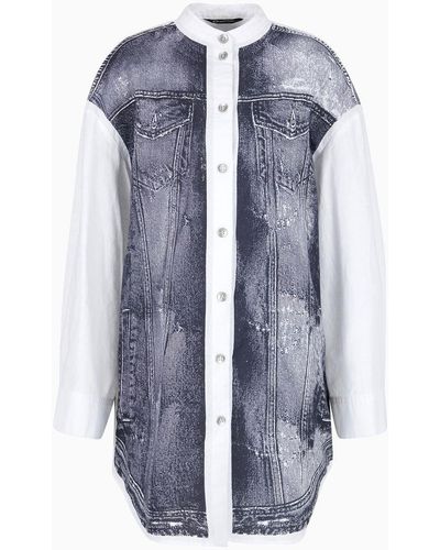 Armani Exchange Oversized Linen And Cotton Shirt With Denim Print Insert - Blue