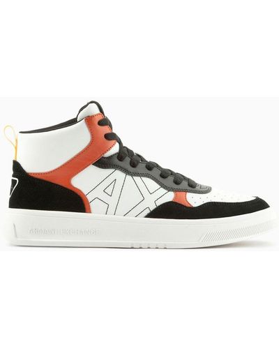 Armani Exchange High-top Trainers In Technical Fabric And Suede - White