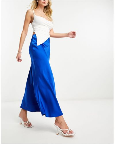 Naanaa Satin Bias Midi Skirt - Blue