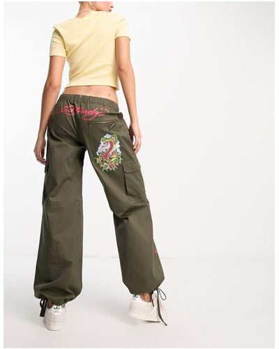 Ed Hardy Low Rise Cargo Trousers With Dragon Embroidery - Green