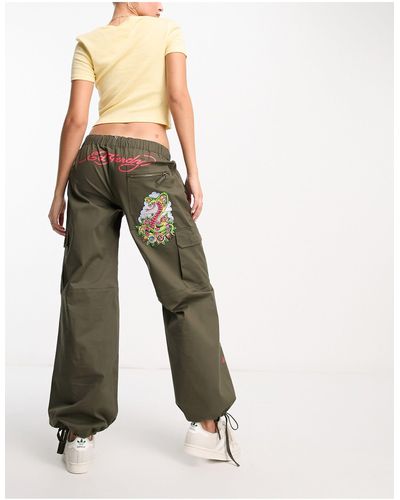 Ed Hardy Pantalon cargo à taille basse avec broderie dragon - olive - Vert