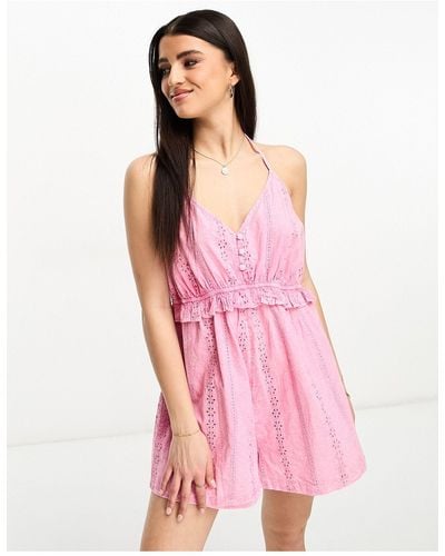 ASOS Broderie Frill Smock Playsuit - Pink