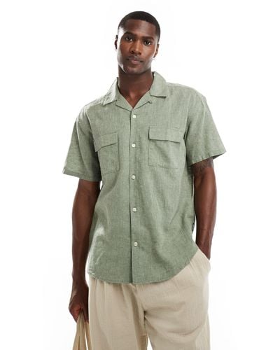 Only & Sons Revere Collar Linen Shirt With Pocket Detail - Green