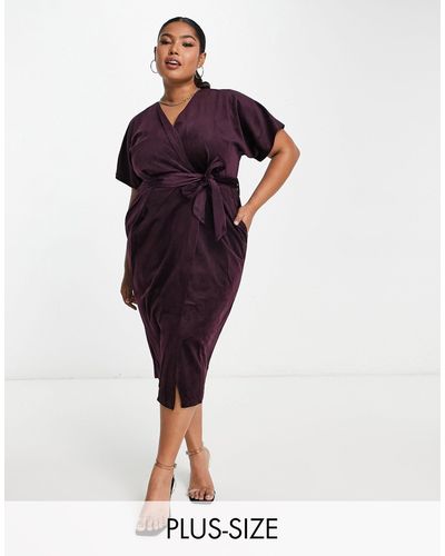 Closet London Plus Kimono Sleeve Velvet Midi Dress With Wrap Tie - Purple
