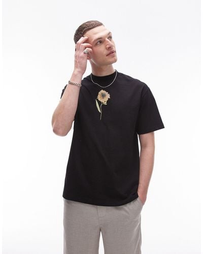 TOPMAN Oversized Fit T-shirt With Pressed Floral Chest Print - Black