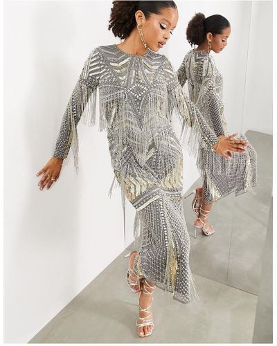 ASOS Statement Embellished Bodycon Midi Dress With Beaded Fringe - Grey