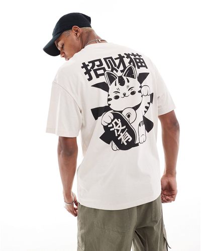 Jack & Jones T-shirt oversize avec imprimé maneki-neko au dos - beige - Blanc
