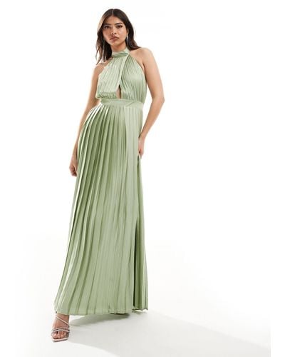 TFNC London Bridesmaid Satin Pleated Halter Neck Maxi Dress With Full Skirt - Green