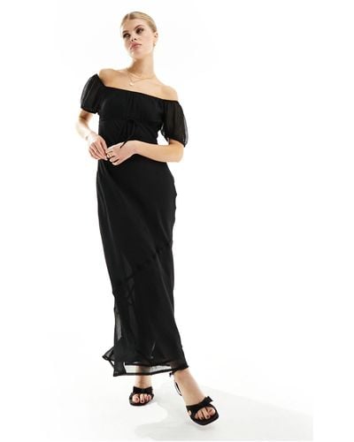 ASOS Textured Chiffon Bardot Milkmaid Bust Midi Dress With Seam Detail - Black