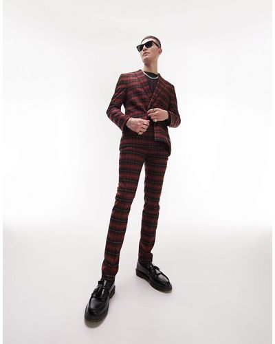 TOPMAN Super Skinny Tartan Checked Suit Trousers - Red