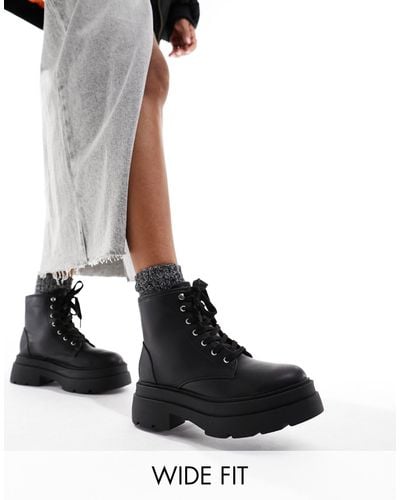 London Rebel London Rebel Wide Fit Chunky Flatform Hiker Boots - Black