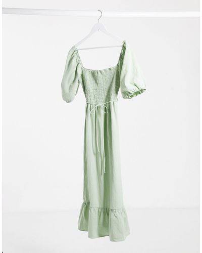 Lola May Sage Smock Maxi Dress With Puff Sleeves - Green