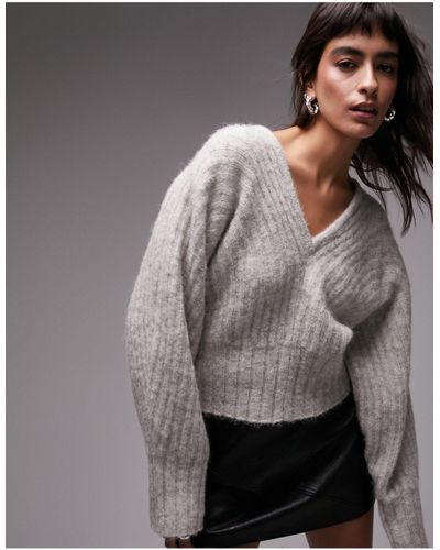 TOPSHOP Knitted Volume Sleeve Rib Sweater - Gray