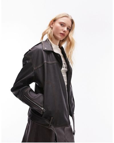 TOPSHOP Faux Leather Boxy Washed Biker Jacket With Contrast Stitch Detail - Black