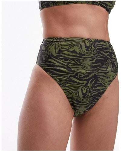TOPSHOP Slip bikini sgambati a vita alta mix and match kaki con stampa astratta animalier - Verde