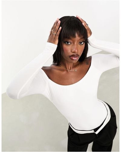Naanaa Double Lined Long Sleeve Bardot Bodysuit - White