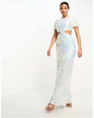 Something New Cut Out Sequin Maxi Dress With Puff Sleeves - White