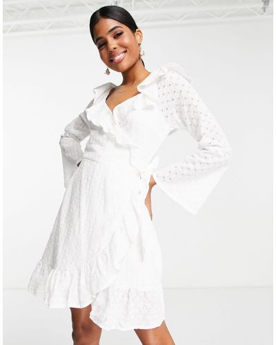 In The Style X Jac Jossa Lace Frilly Bardot Wrap Front Mini Dress - White
