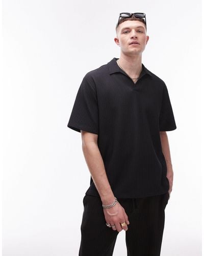 TOPMAN Short Sleeve Plisse Polo Shirt - Black
