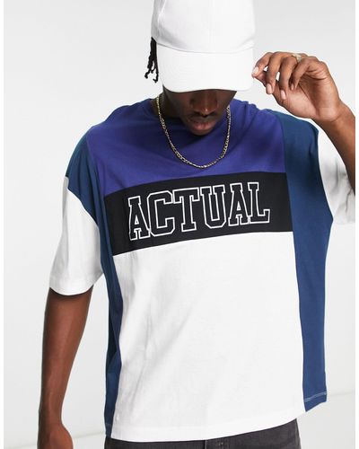 ASOS Asos actual - t-shirt oversize bianca e con pannelli cut and sew e logo stampato - Blu